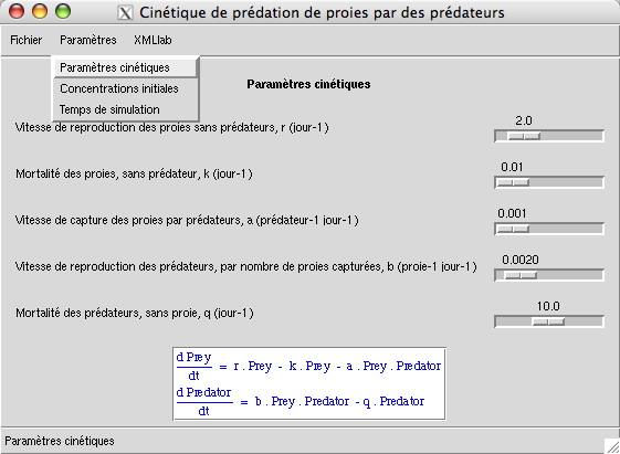 Entrées du menu Paramètres de la simulation de cinétique de prédation de proies par des prédateurs